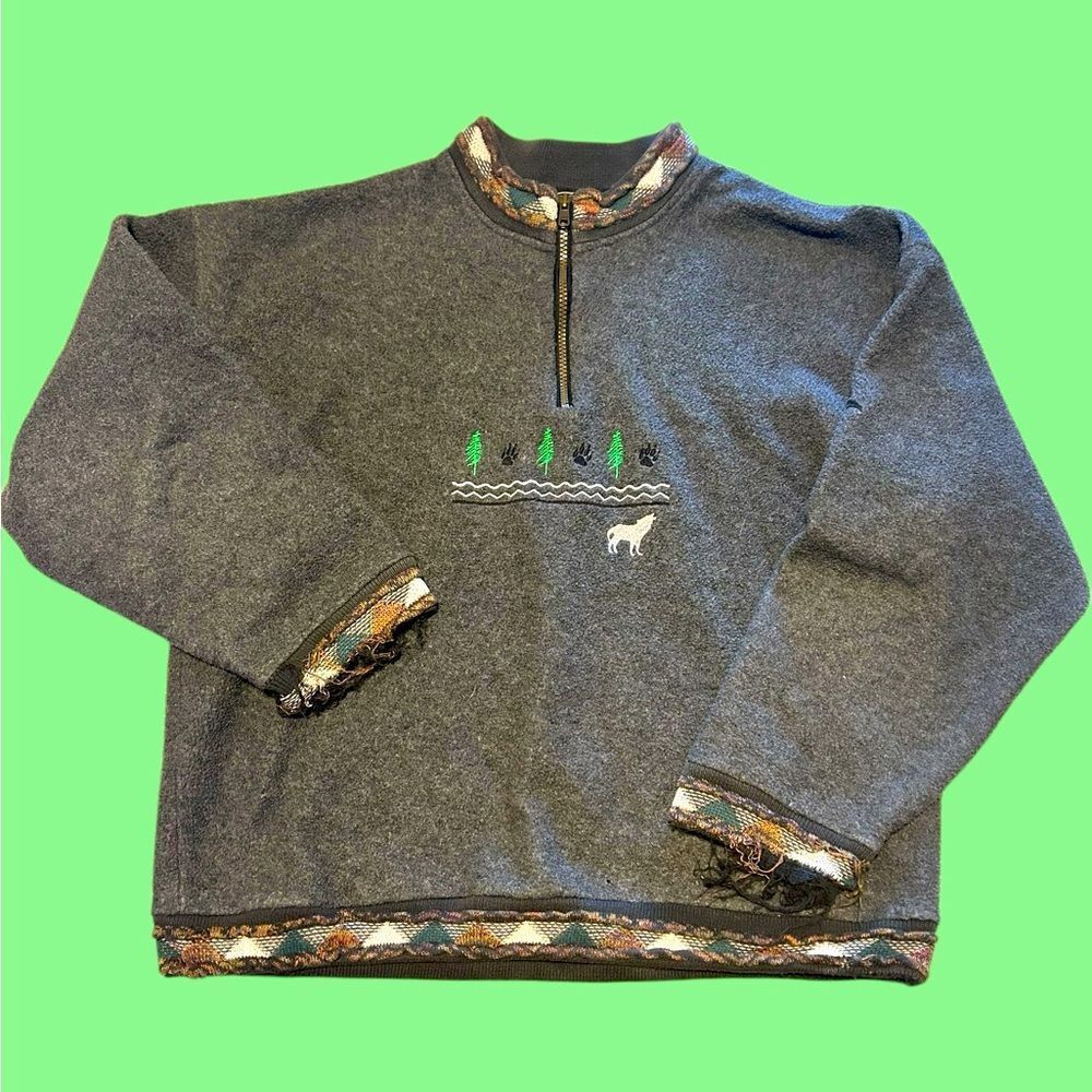 Tundra Gray Pullover Sweater with Green Tree Embroidery